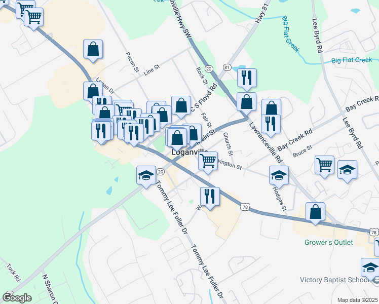 map of restaurants, bars, coffee shops, grocery stores, and more near in Loganville