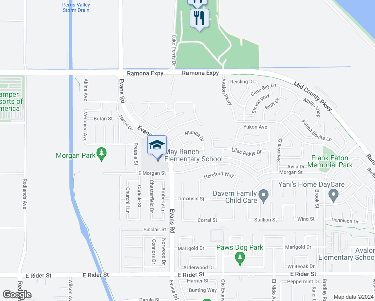 map of restaurants, bars, coffee shops, grocery stores, and more near 1052 Abbottswood Road in Perris