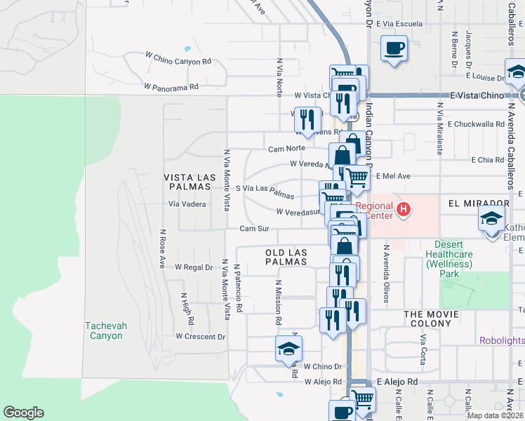 map of restaurants, bars, coffee shops, grocery stores, and more near 466 Camino Sur in Palm Springs