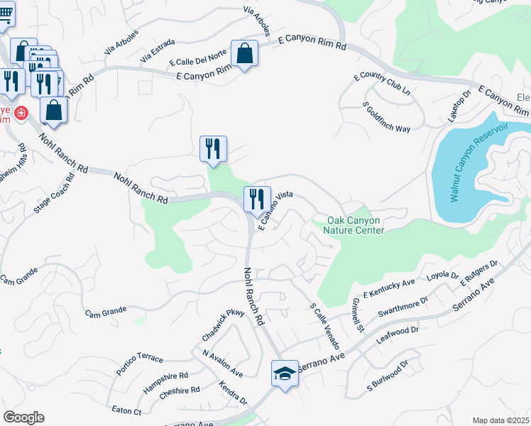 map of restaurants, bars, coffee shops, grocery stores, and more near 6512 East Camino Vista in Anaheim