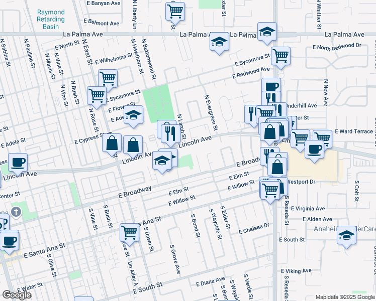 map of restaurants, bars, coffee shops, grocery stores, and more near 1488 East Lincoln Avenue in Anaheim