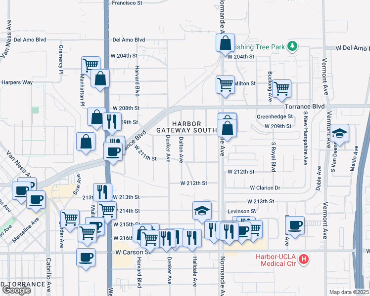 map of restaurants, bars, coffee shops, grocery stores, and more near 20943 Halldale Avenue in Torrance