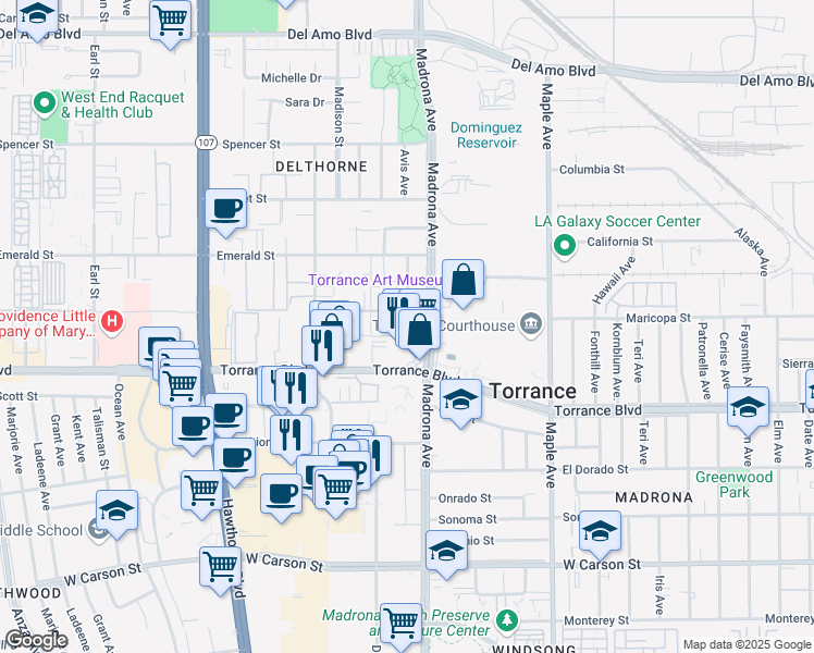 map of restaurants, bars, coffee shops, grocery stores, and more near 3415 Torrance Boulevard in Torrance