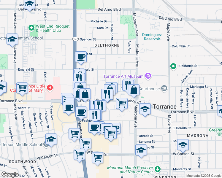 map of restaurants, bars, coffee shops, grocery stores, and more near 3537 Torrance Boulevard in Torrance