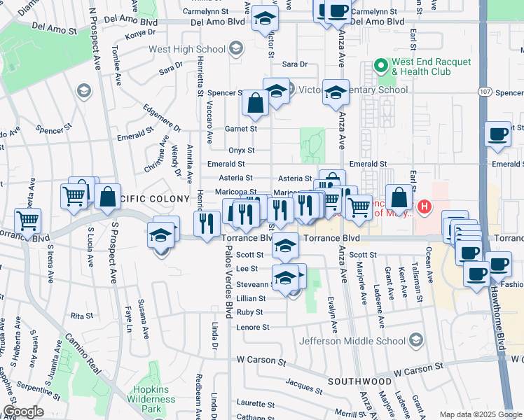 map of restaurants, bars, coffee shops, grocery stores, and more near 21104 Wood Avenue in Torrance
