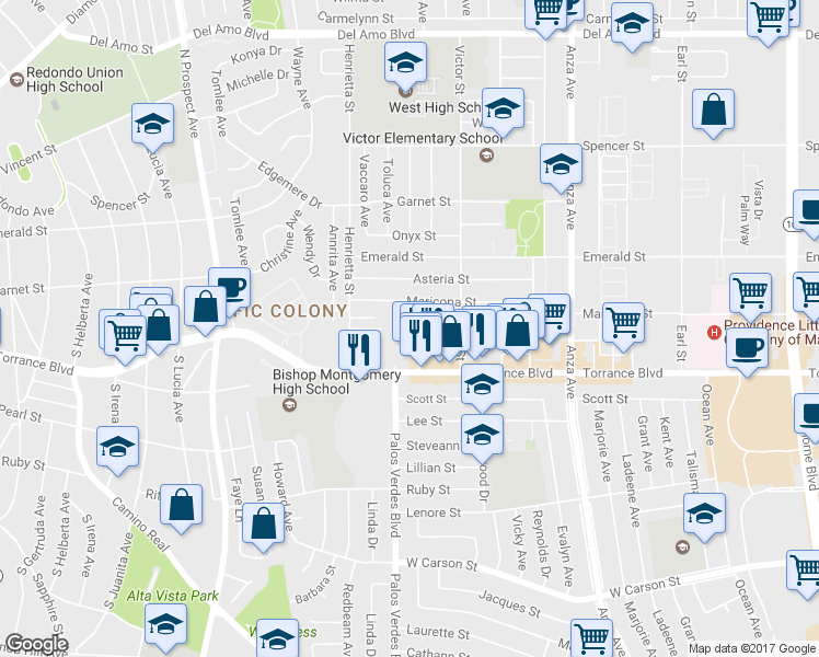 map of restaurants, bars, coffee shops, grocery stores, and more near 21104 Wood Avenue in Torrance