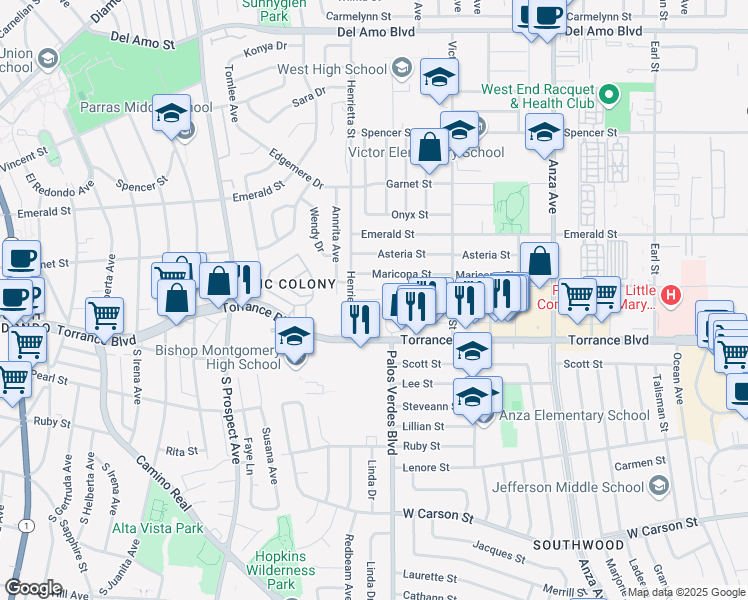 map of restaurants, bars, coffee shops, grocery stores, and more near 5215 Torrance Boulevard in Torrance
