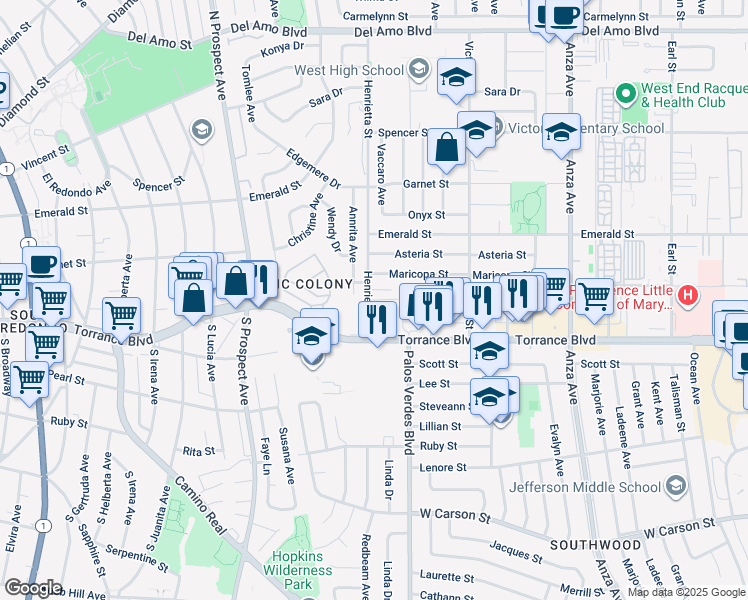 map of restaurants, bars, coffee shops, grocery stores, and more near 5326 Lorna Street in Torrance