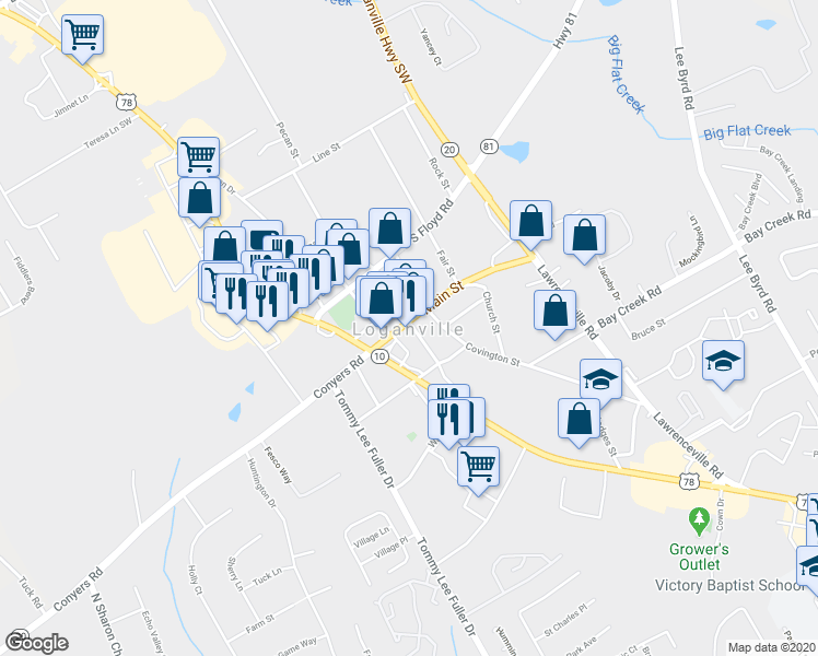 map of restaurants, bars, coffee shops, grocery stores, and more near in Loganville