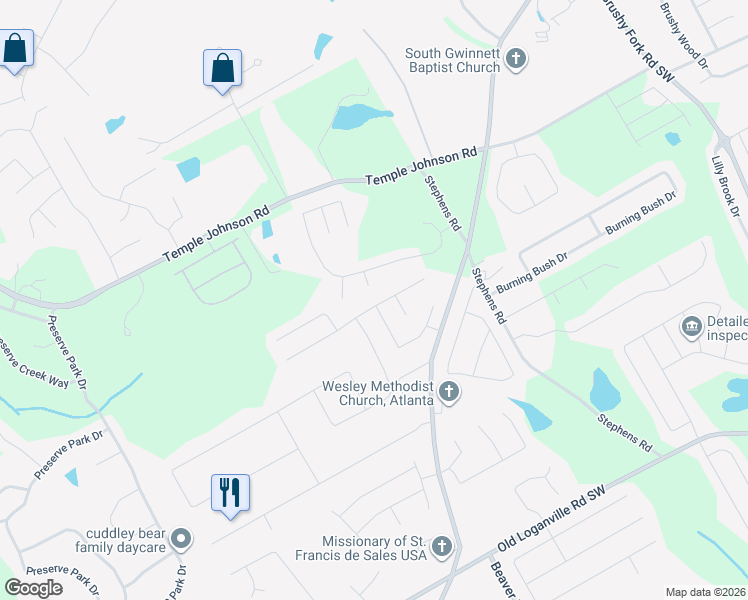 map of restaurants, bars, coffee shops, grocery stores, and more near 1707 Summit Creek Way in Loganville