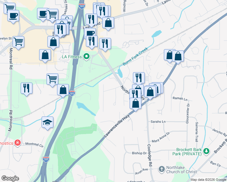 map of restaurants, bars, coffee shops, grocery stores, and more near 1908 Robinhill Court in Tucker