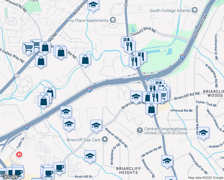 map of restaurants, bars, coffee shops, grocery stores, and more near 1734 Summit Glen Lane Northeast in Atlanta