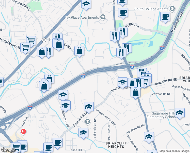 map of restaurants, bars, coffee shops, grocery stores, and more near 1905 Bruce Road Northeast in Atlanta