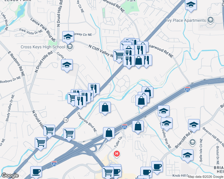 map of restaurants, bars, coffee shops, grocery stores, and more near 3145 Buford Highway Northeast in Atlanta