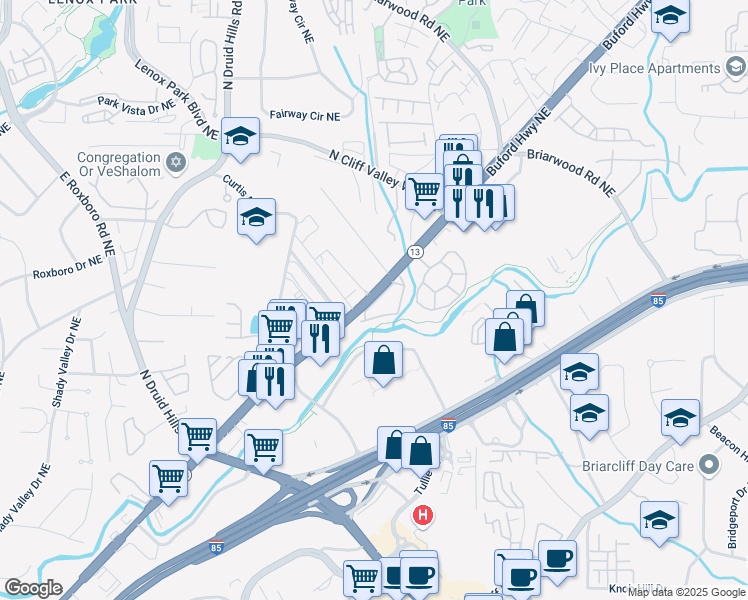 map of restaurants, bars, coffee shops, grocery stores, and more near 3135 Buford Highway Northeast in Atlanta