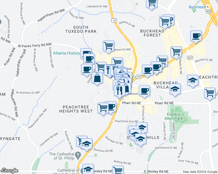 map of restaurants, bars, coffee shops, grocery stores, and more near 3040 Peachtree Road in Atlanta
