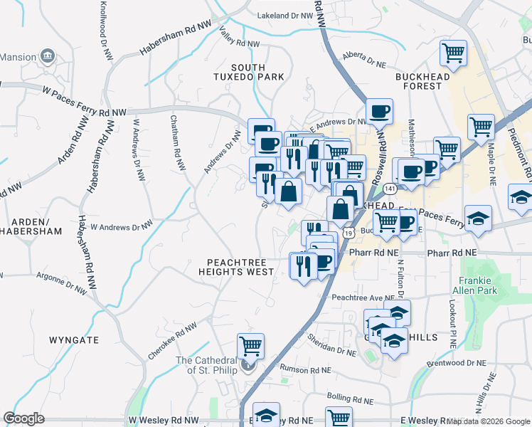 map of restaurants, bars, coffee shops, grocery stores, and more near 3060 Pharr Court North Northwest in Atlanta