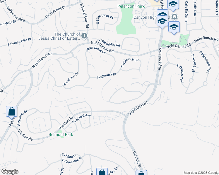map of restaurants, bars, coffee shops, grocery stores, and more near 5331 East Big Sky Lane in Anaheim
