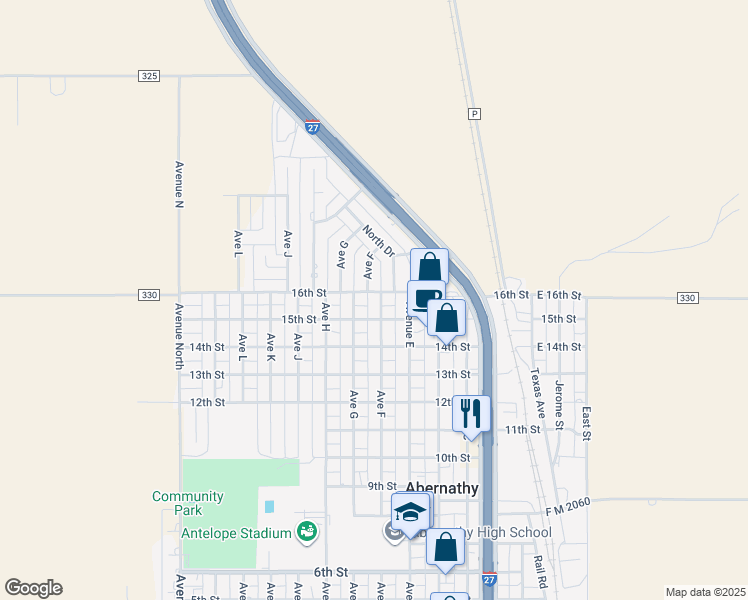 map of restaurants, bars, coffee shops, grocery stores, and more near 1500-1598 Ave F in Abernathy