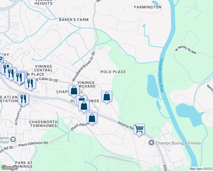 map of restaurants, bars, coffee shops, grocery stores, and more near 2729 Vinings Oak Drive South East in Smyrna