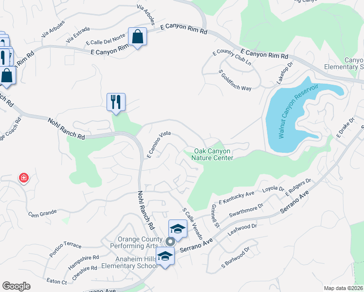 map of restaurants, bars, coffee shops, grocery stores, and more near 746 Camino Grande in Anaheim