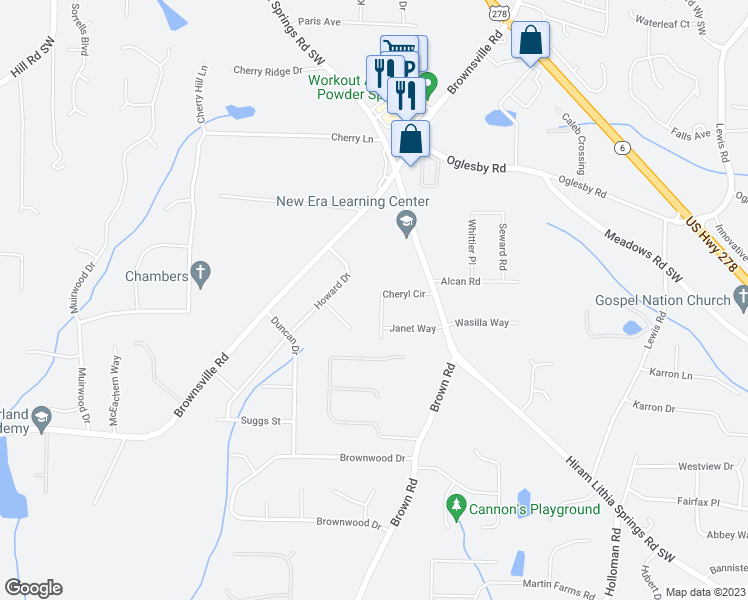 map of restaurants, bars, coffee shops, grocery stores, and more near 5000 Cheryl Circle in Powder Springs