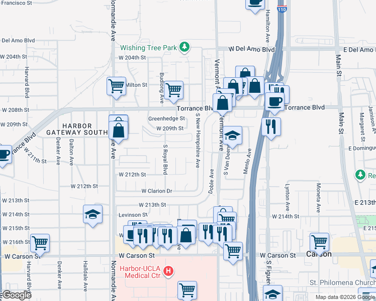 map of restaurants, bars, coffee shops, grocery stores, and more near 1012 West 210th Street in Torrance