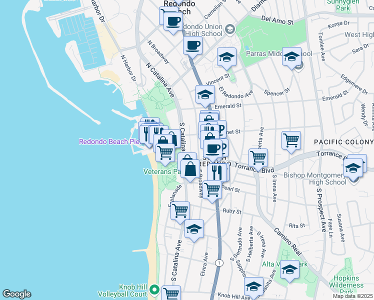 map of restaurants, bars, coffee shops, grocery stores, and more near 230 South Catalina Avenue in Redondo Beach