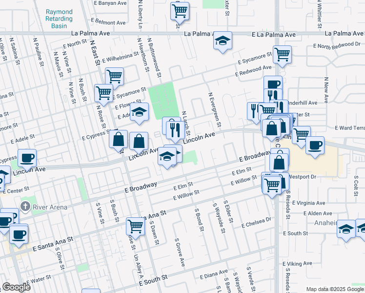map of restaurants, bars, coffee shops, grocery stores, and more near 1440 East Lincoln Avenue in Anaheim