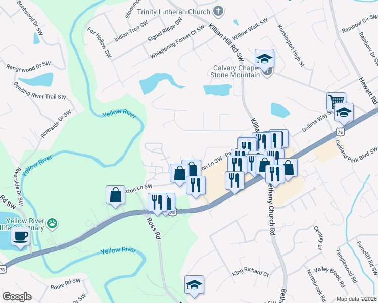 map of restaurants, bars, coffee shops, grocery stores, and more near 1970 Paxton Ridge Lane in Lilburn