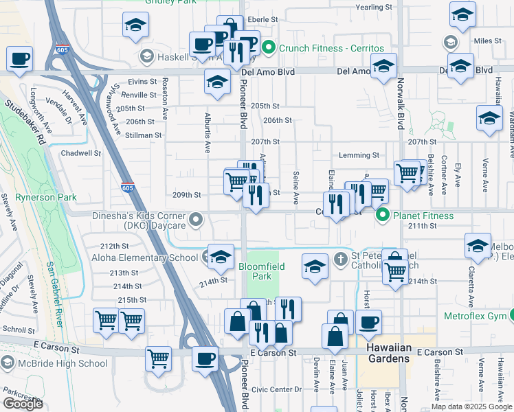 map of restaurants, bars, coffee shops, grocery stores, and more near 20915 Pioneer Boulevard in Lakewood