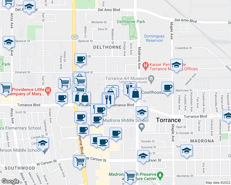 map of restaurants, bars, coffee shops, grocery stores, and more near 3520 Maricopa Street in Torrance