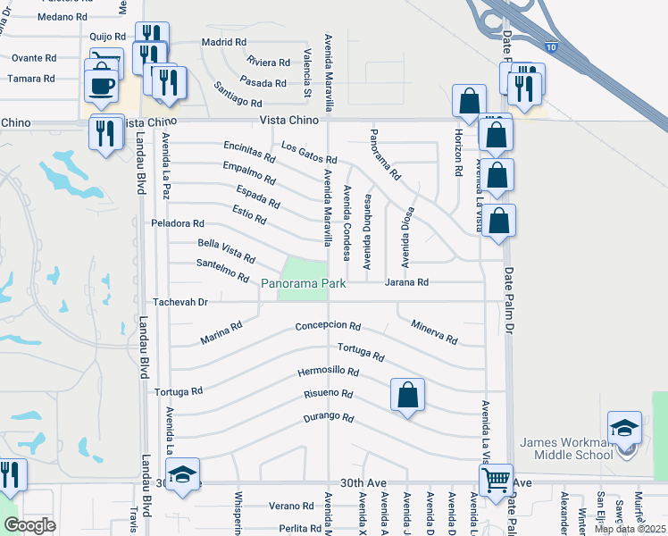 map of restaurants, bars, coffee shops, grocery stores, and more near 28790 Avenida Maravilla in Cathedral City
