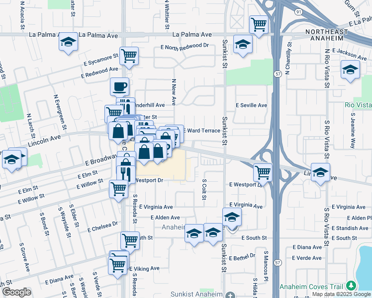 map of restaurants, bars, coffee shops, grocery stores, and more near in Anaheim
