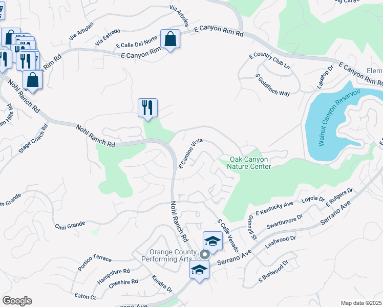 map of restaurants, bars, coffee shops, grocery stores, and more near 6520 East Camino Vista in Anaheim