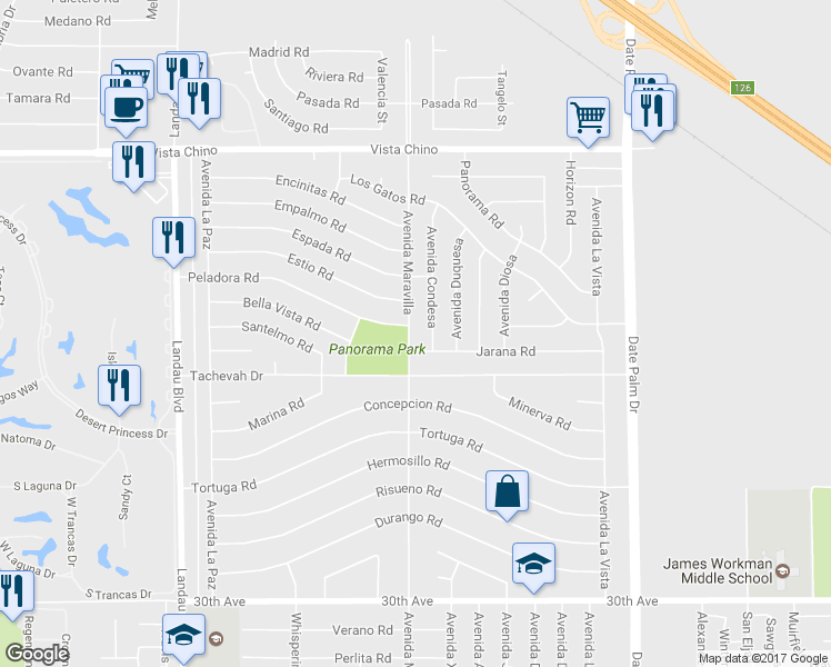 map of restaurants, bars, coffee shops, grocery stores, and more near 28790 Avenida Maravilla in Cathedral City