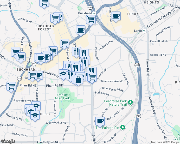 map of restaurants, bars, coffee shops, grocery stores, and more near 3067 Piedmont Road Northeast in Atlanta