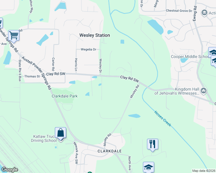 map of restaurants, bars, coffee shops, grocery stores, and more near 3289 Clay Road Southwest in Austell