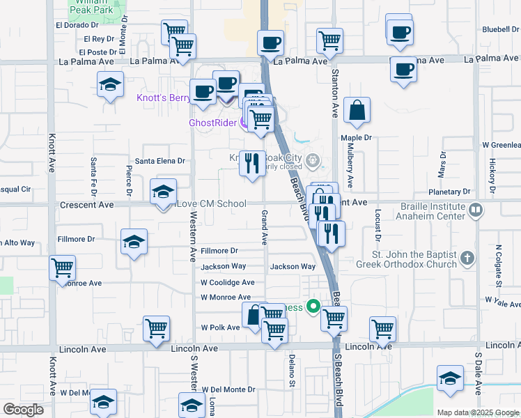 map of restaurants, bars, coffee shops, grocery stores, and more near 7720 Crescent Avenue in Buena Park