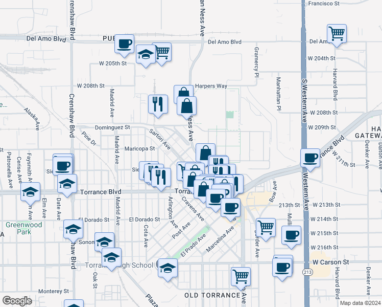 map of restaurants, bars, coffee shops, grocery stores, and more near 807 Van Ness Avenue in Torrance