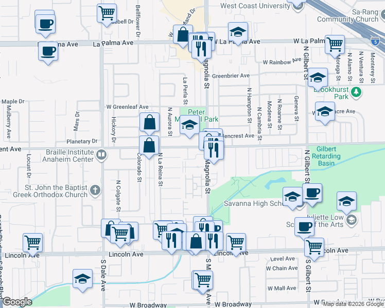 map of restaurants, bars, coffee shops, grocery stores, and more near 2681 West Cameron Court in Anaheim