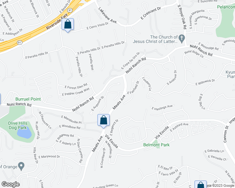 map of restaurants, bars, coffee shops, grocery stores, and more near 4780 East Fairfield Street in Anaheim