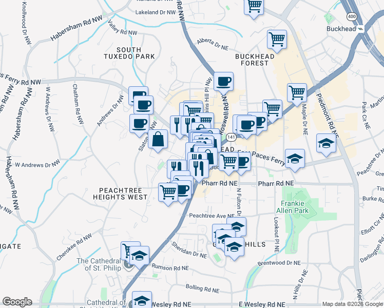 map of restaurants, bars, coffee shops, grocery stores, and more near 3040 Peachtree Road Northwest in Atlanta