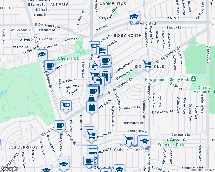 map of restaurants, bars, coffee shops, grocery stores, and more near 4505 California Avenue in Long Beach