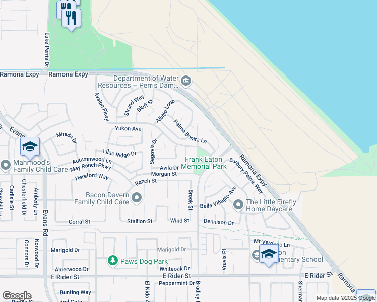 map of restaurants, bars, coffee shops, grocery stores, and more near 3685 Alhambra Lane in Perris
