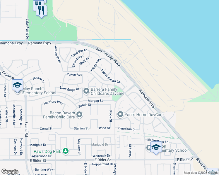 map of restaurants, bars, coffee shops, grocery stores, and more near 3685 Alhambra Lane in Perris