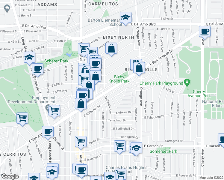 map of restaurants, bars, coffee shops, grocery stores, and more near 1022 East San Antonio Drive in Long Beach
