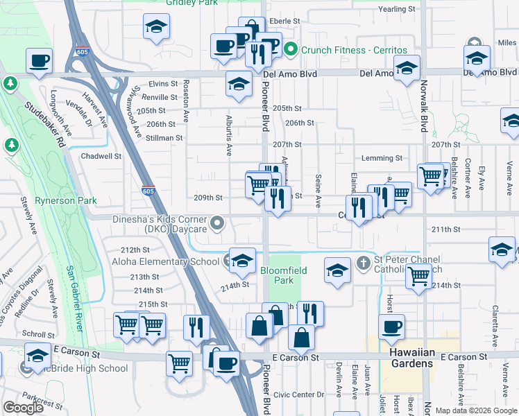 map of restaurants, bars, coffee shops, grocery stores, and more near Pioneer Boulevard in Lakewood