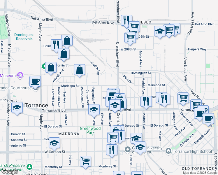 map of restaurants, bars, coffee shops, grocery stores, and more near 2530 Maricopa Street in Torrance