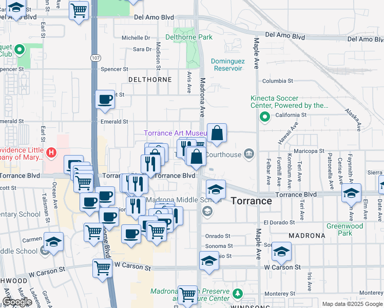 map of restaurants, bars, coffee shops, grocery stores, and more near 3422 Maricopa Street in Torrance